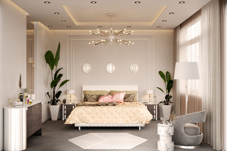 Luksuzna spavaća soba u nijansama krem i bež boje sa velikim bračnim krevetom